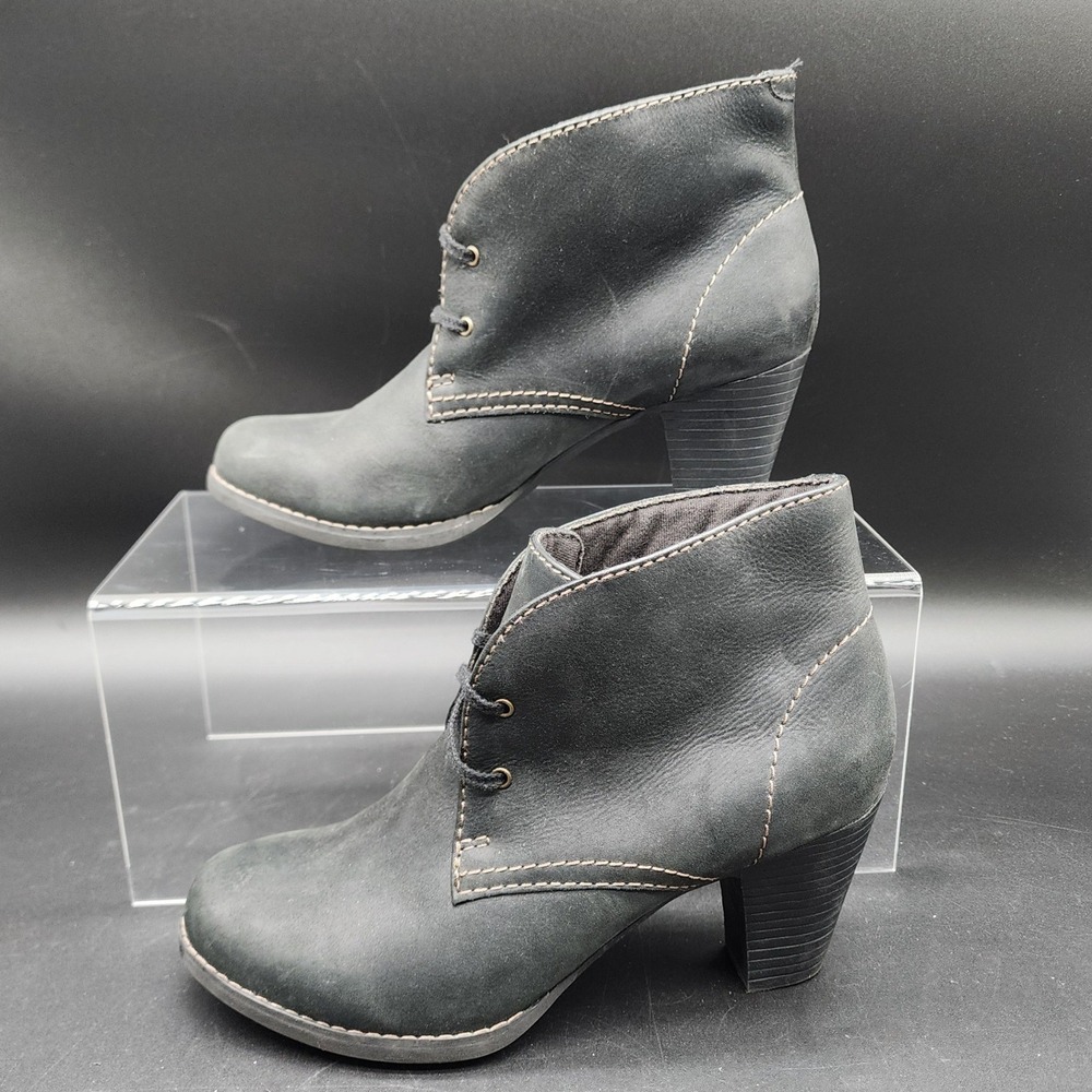 Clarks 8M Black Leather Lace Up Ankle Booties Contrast Stitch Stacked Heel Work